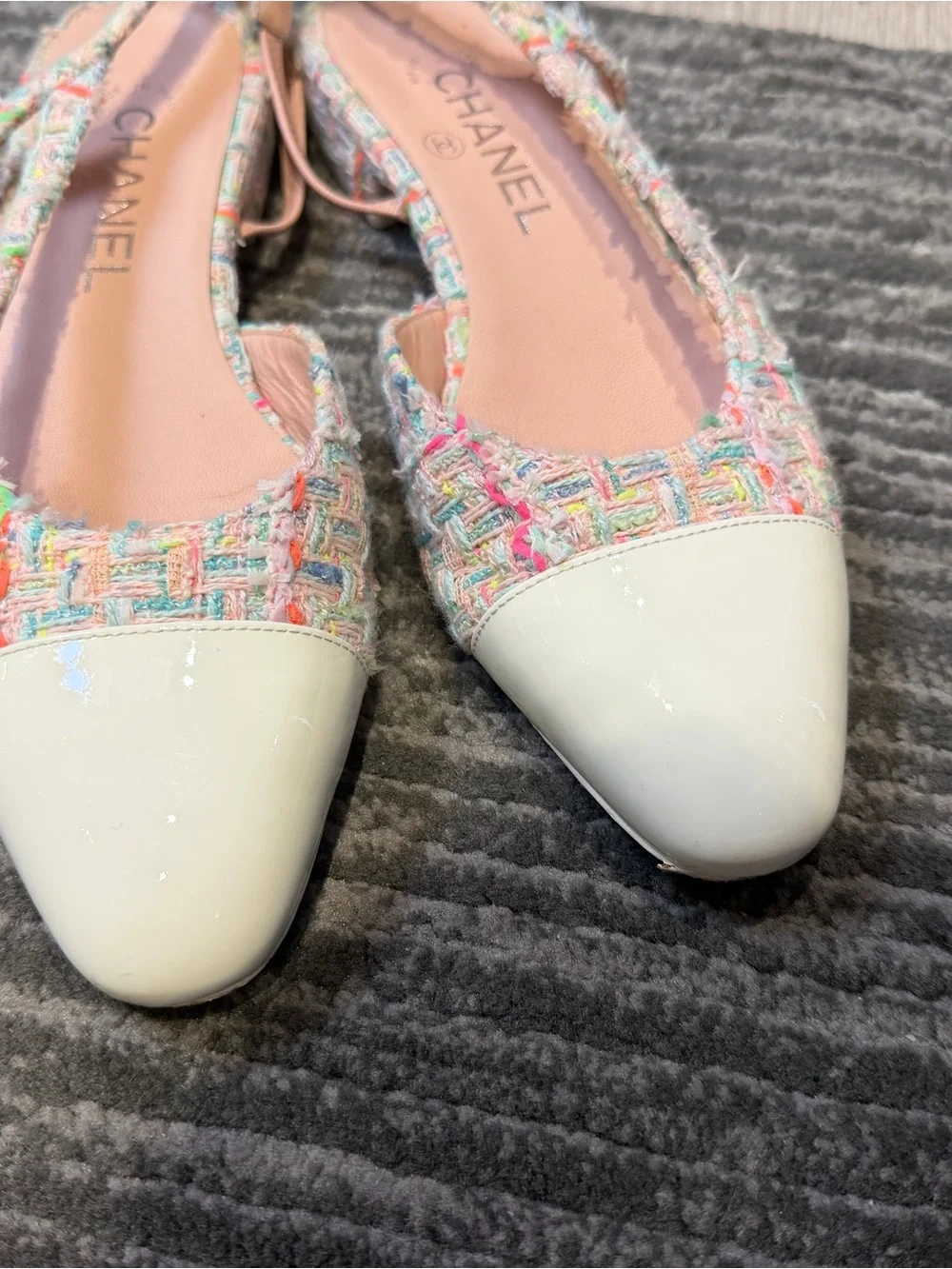 CHANEL Multicolor Tweed Slingback Flats with White Patent Toe